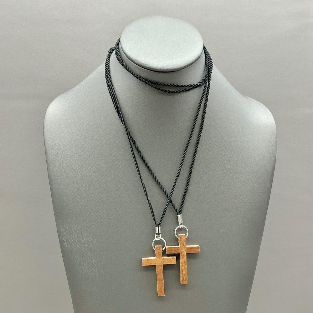 Necklace Women Brown Wood Cross Pendant Black Cord Made In Italy 2pc 28 Inch